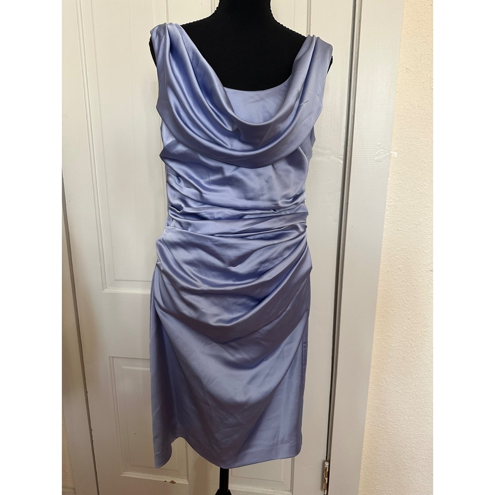 Davids Bridal Periwinkle Blue Satin Cowl Neck Ruched Sheath Dress 84741 Size 10